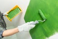 Close up of hands in working gloves painting a wall green with middle-sized roller Royalty Free Stock Photo