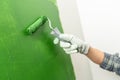 Close up of hands in working gloves painting a wall green with middle-sized roller Royalty Free Stock Photo