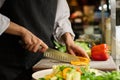 Close-up of hands of young female kitchen worker chopping fresh pepper