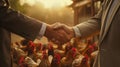 Close up of handshake of two men in business suits on the background of chickens on farm