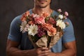 close up handsome man with bouquet of flowers, ai generated