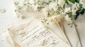 Close-up of a Handwritten Love Letter for Mother\'s Day Delicate Flowers White Emotional Wellness Celebrating, generative AI