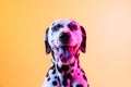 Close-up happy Dalmatian, purebred dog posing isolated on yellow background in neon light. Royalty Free Stock Photo