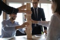 Close up happy diverse employees involved in team building activity Royalty Free Stock Photo