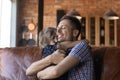Close up happy father hugging little daughter, enjoying tender moment Royalty Free Stock Photo