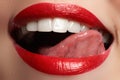 Close-up happy female smile with healthy white teeth, bright red lips make-up Royalty Free Stock Photo