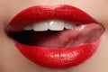 Close-up happy female smile with healthy white teeth, bright red lips make-up Royalty Free Stock Photo