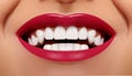 Close-up Happy Smile with Healthy White Teeth, Bright Red Lips Make-up. Cosmetology, Dentistry and Beauty care