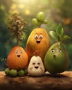 Fantasy fruit and vegetable characters family on wooden texture in blurred natural background. Generative AI.