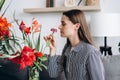 Close up of happy smiling young caucasian woman sniffs fresh red flowers sitting alone on cozy sofa at home. Portrait satisfied