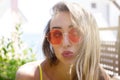 Close Up Happy Woman Face Summer Holidays. Summertime Smile Girl with Blond Hair at summer vacation in swim suit. Selective focus Royalty Free Stock Photo