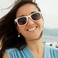 Close up Happy woman near ocean Royalty Free Stock Photo