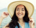 Close up Happy woman near ocean Royalty Free Stock Photo