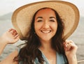 Close up Happy woman near ocean Royalty Free Stock Photo