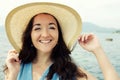 Close up Happy woman near ocean Royalty Free Stock Photo