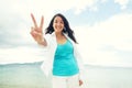 Close up Happy woman near ocean Royalty Free Stock Photo