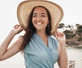 Close up Happy woman near ocean, summer vacation Royalty Free Stock Photo