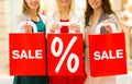 Close up of happy women with shopping bags in mall Royalty Free Stock Photo