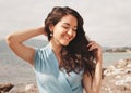 Close up Happy woman near ocean, summer vacation Royalty Free Stock Photo