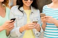 Close up of happy young women with smartphone