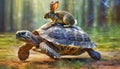 Hare on the Carapace of a Fast Turtle Running at Full Speed - Generative Ai Royalty Free Stock Photo