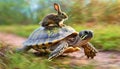 Hare on the Carapace of a Fast Turtle Running at Full Speed - Generative Ai Royalty Free Stock Photo