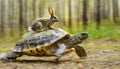 Hare on the Carapace of a Fast Turtle Running at Full Speed - Generative Ai Royalty Free Stock Photo