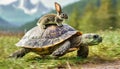 Hare on the Carapace of a Fast Turtle Running at Full Speed - Generative Ai Royalty Free Stock Photo