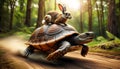 Close-up of a Hare on the Carapace of a Fast Turtle Running at Full Speed - Generative Ai