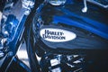 Close-up of a Harley Davidson brand motorcycle