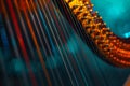 Close-up of a harp string on blue background with shimmering lights, AI-generated. Royalty Free Stock Photo