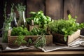 Close up of a harvested herbs in baskets, created with Generative AI technology. Royalty Free Stock Photo