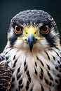 A close up of a hawk's face with yellow eyes, AI