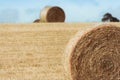 Close up of hay roll in field with additional rolls on horizon Royalty Free Stock Photo