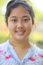 Close up head of asian teen age with braces dental teeth