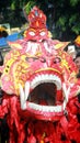 Close up the head of the barong lion dance with opens its mouth