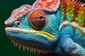 Close-up of the head of a colorful chameleon, generative ai