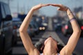 Close up head of girl and hand ring on highway