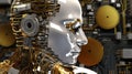 Close up of small sleek white 3d robot with golden additive - technology and future concept Royalty Free Stock Photo