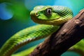 Close up of the head of a green pit viper in nature, Closeup of a stethoscope on a medical uniform, AI Generated