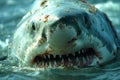 A close up of the head and mouth of a great white shark underwater, with sharp teeth Royalty Free Stock Photo