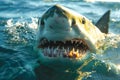 A close up of the head and mouth of a great white shark underwater, with sharp teeth Royalty Free Stock Photo