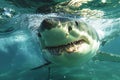 A close up of the head and mouth of a great white shark underwater, with sharp teeth Royalty Free Stock Photo