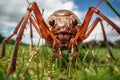 Close-up of the head of a red spider in the grass