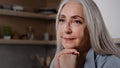 Close up head shot portrait smiling senior woman relaxing at home put chin on folded palms looking into distance Royalty Free Stock Photo