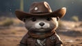 Close up, head and shoulders, of baby otter dressed as wild west cowboy in the desert ai created