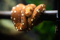 Close-up of the head of a small snake orange on a background of green leaves dof sharp focus space for text macro reptile jungle Royalty Free Stock Photo