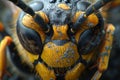 Close up of a head of a yellow and black arthropod insect with large eyes