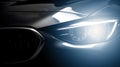 Close up on headlight of a generic unbranded luxury car, generative ai illustration