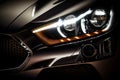 Close up on headlight of a generic and unbranded modern luxury car, generative ai illustration